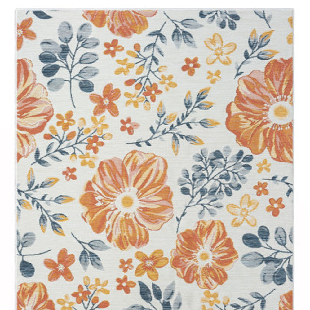 2' X 8' Ivory Orange and Blue Floral Stain Resistant Indoor Outdoor Runner Rug