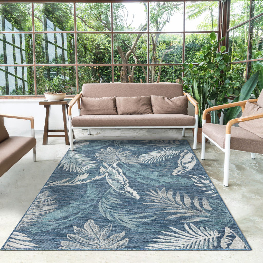 2' x 3' Blue and Serene White Palm Leaf Stain Resistant Indoor Outdoor Area Rug