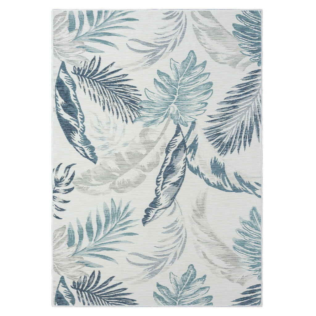 2' x 3' Blue and Serene White Palm Leaf Stain Resistant Indoor Outdoor Area Rug