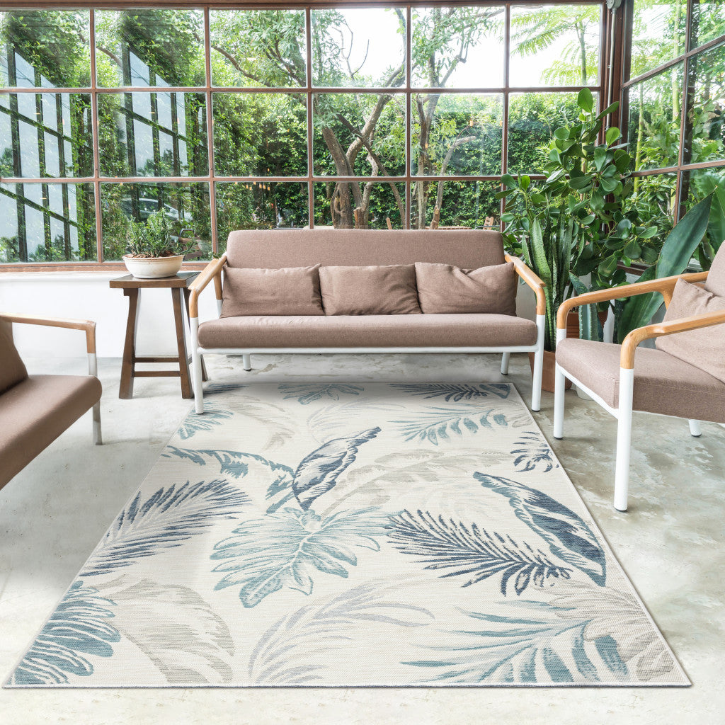 2' x 3' Blue and Serene White Palm Leaf Stain Resistant Indoor Outdoor Area Rug