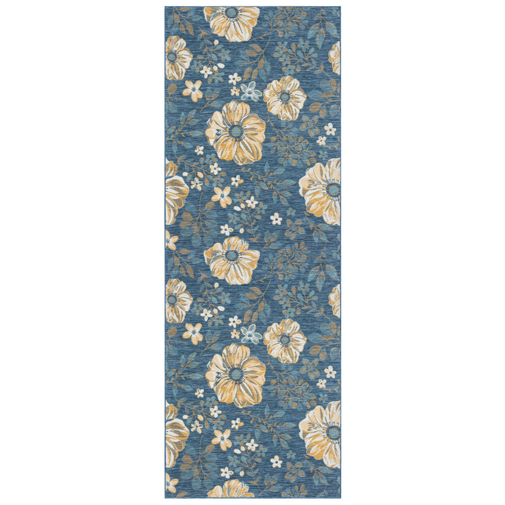 2' X 8' Blue White and Yellow Floral Stain Resistant Indoor Outdoor Runner Rug