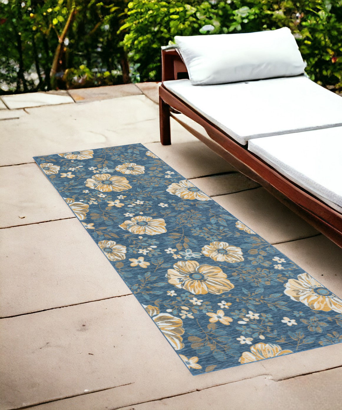 2' X 8' Blue White and Yellow Floral Stain Resistant Indoor Outdoor Runner Rug