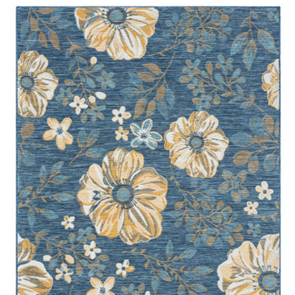 2' X 8' Blue White and Yellow Floral Stain Resistant Indoor Outdoor Runner Rug