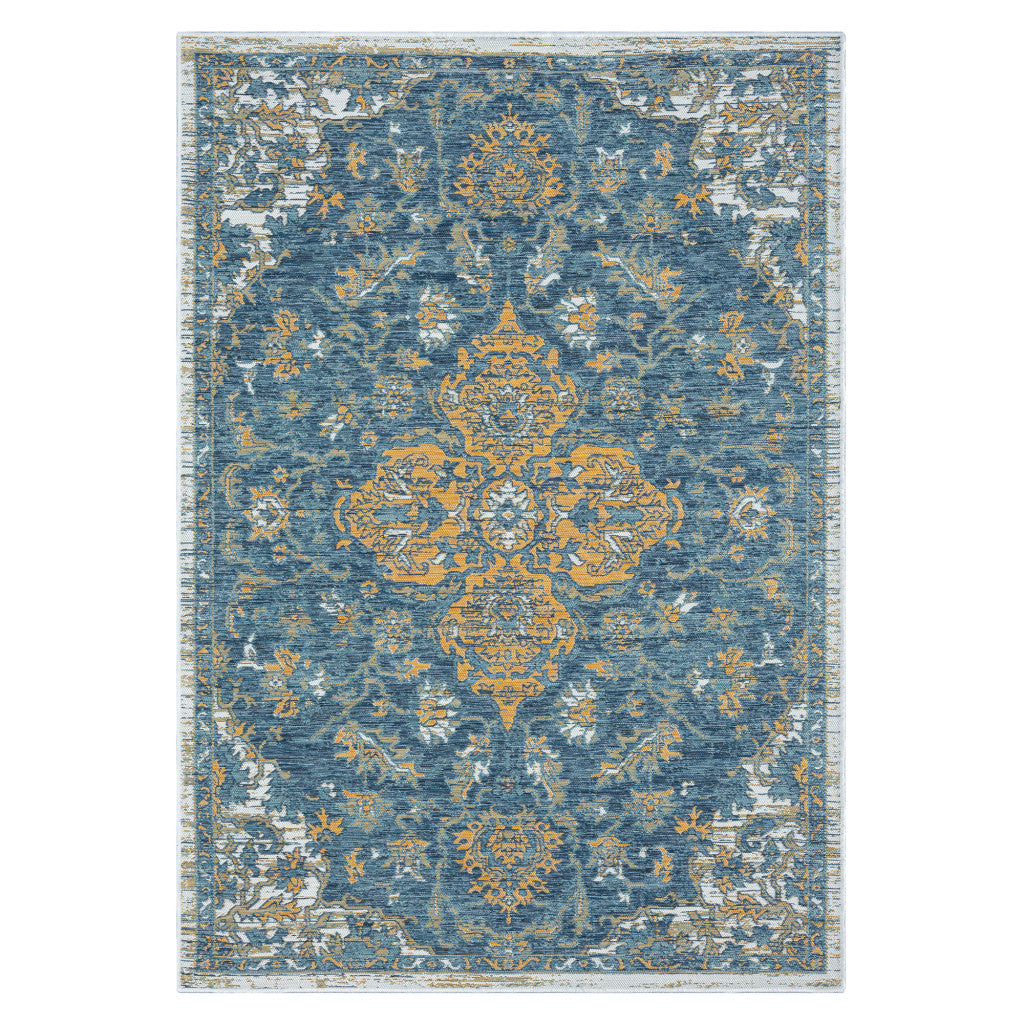 5' x 7' Blue and Ivory Medallion Stain Resistant Indoor Outdoor Area Rug