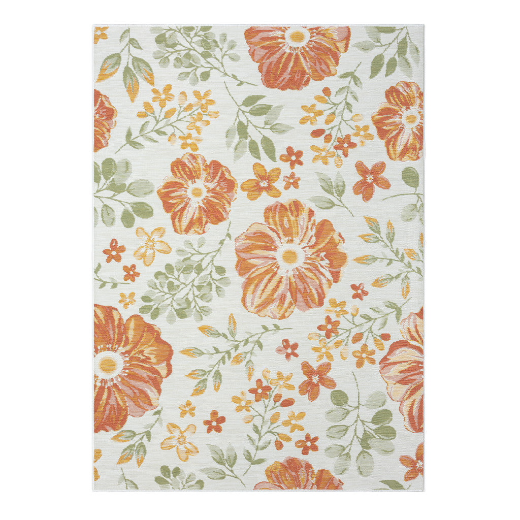 5' x 7' Ivory Green and Orange Floral Stain Resistant Indoor Outdoor Area Rug