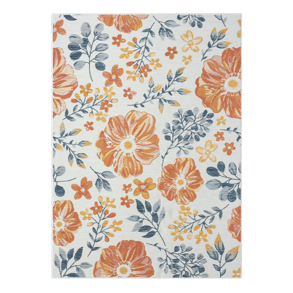 2' x 3' Ivory Orange and Blue Floral Stain Resistant Indoor Outdoor Area Rug