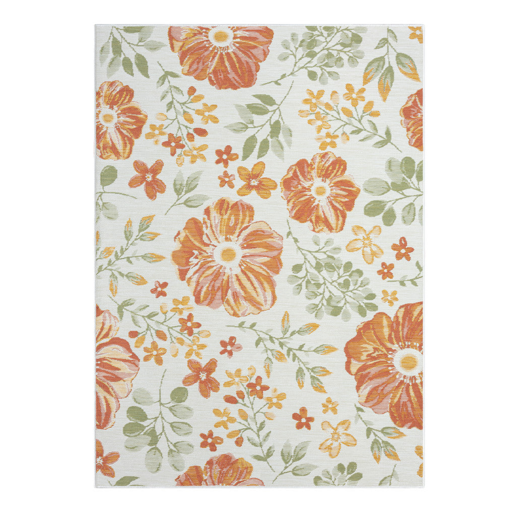 2' x 3' Ivory Green and Orange Floral Stain Resistant Indoor Outdoor Area Rug