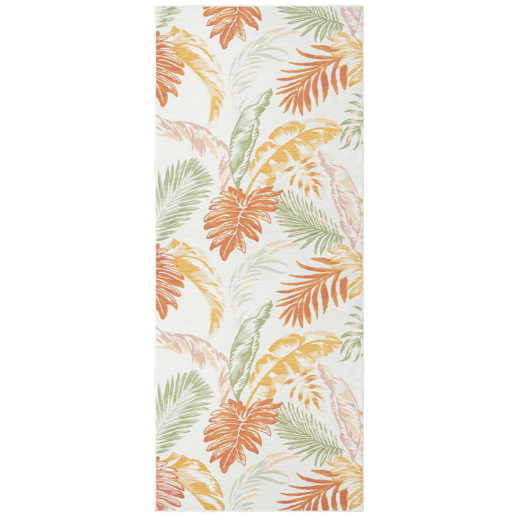 2' X 8' Ivory Green and Orange Palm Leaf Stain Resistant Indoor Outdoor Runner Rug