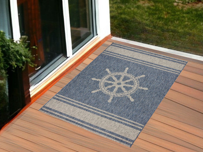 3' X 5' Blue and Gray Captain's Wheel Stain Resistant Indoor Outdoor Area Rug