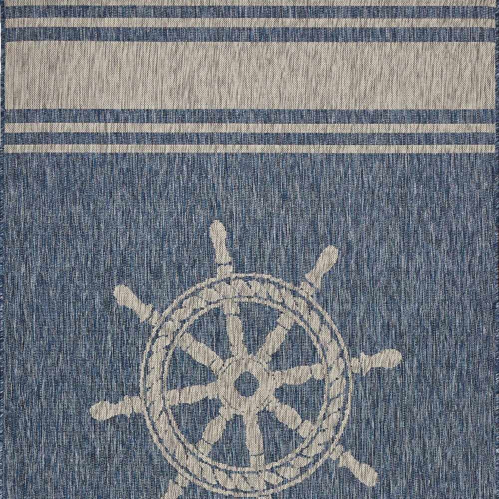 3' X 5' Blue and Gray Captain's Wheel Stain Resistant Indoor Outdoor Area Rug