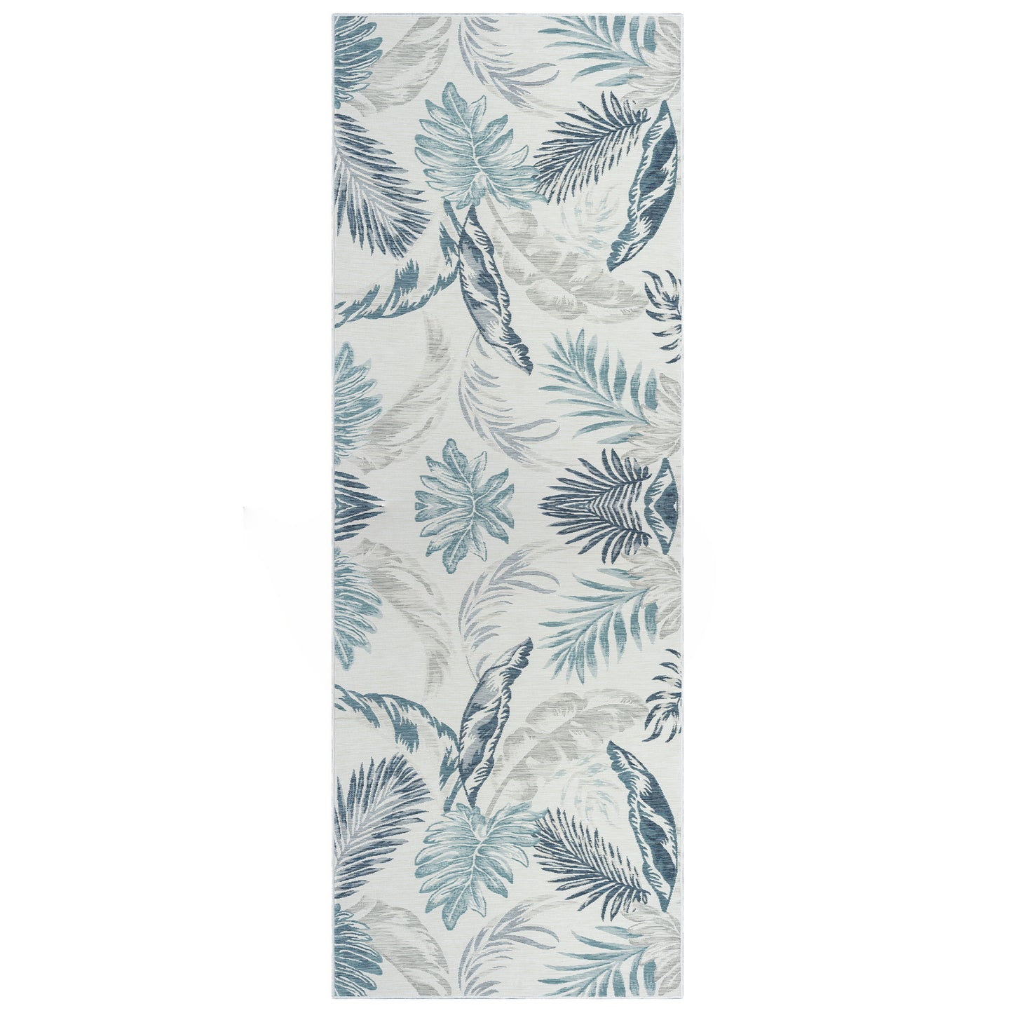 2' X 8' Blue and Serene White Palm Leaf Stain Resistant Indoor Outdoor Runner Rug