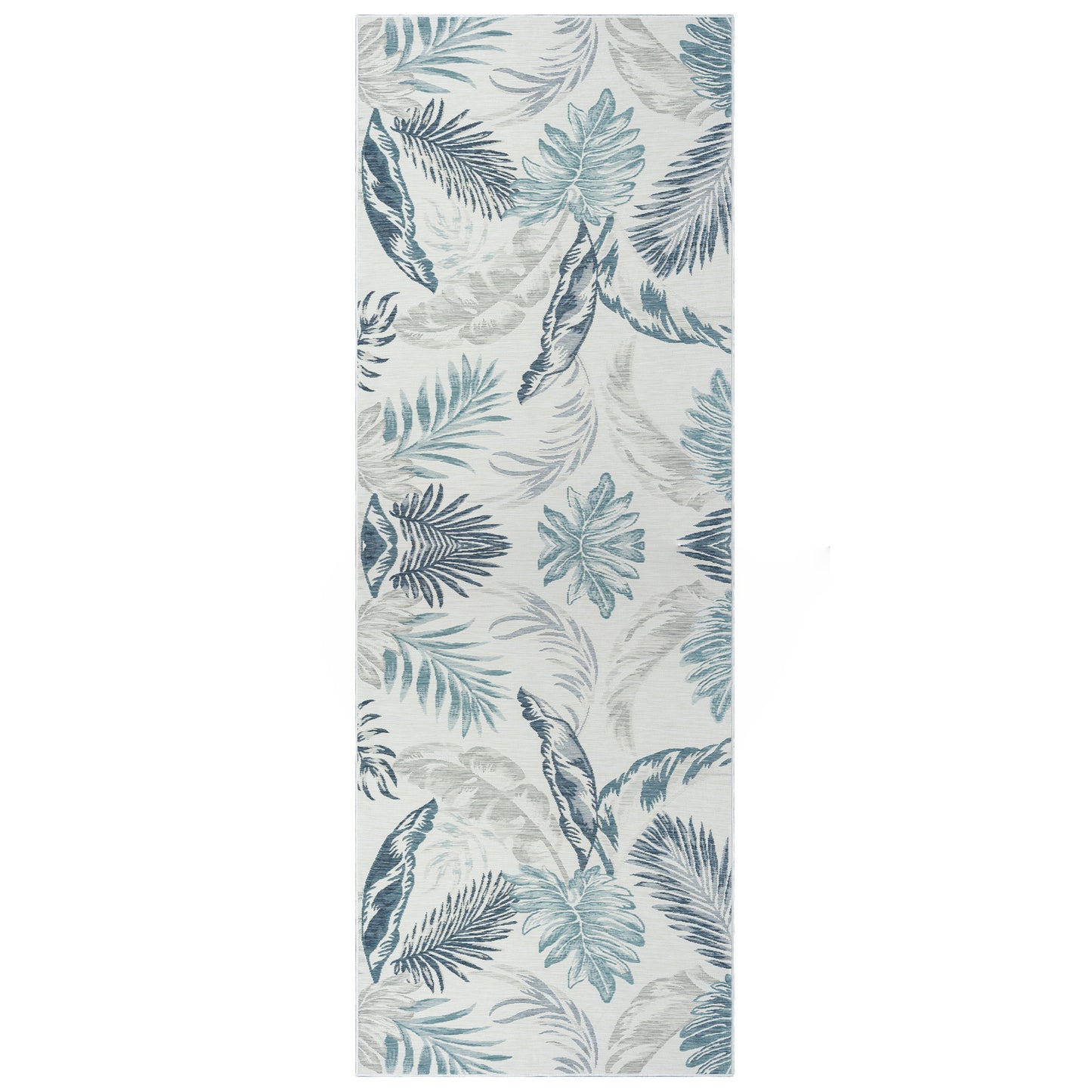 2' X 8' Blue and Serene White Palm Leaf Stain Resistant Indoor Outdoor Runner Rug