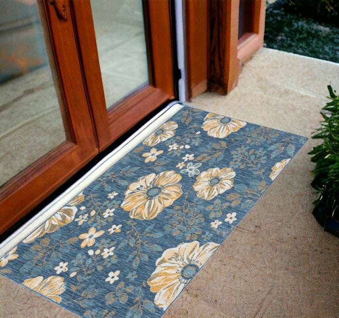 2' x 3' Blue White and Yellow Floral Stain Resistant Indoor Outdoor Area Rug