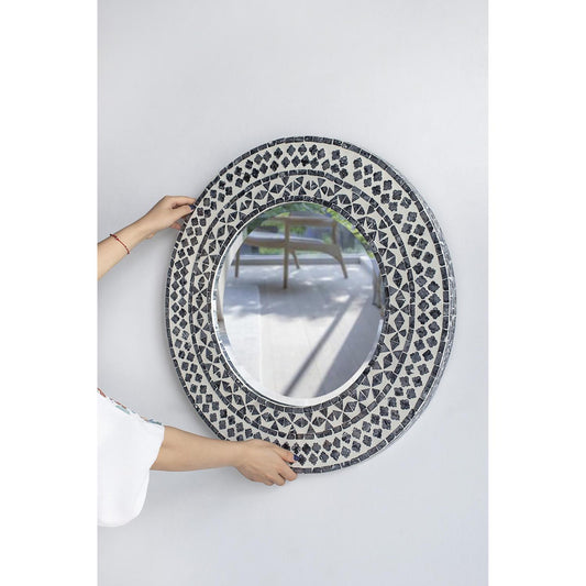 24" Black and White Round Framed Accent Mirror