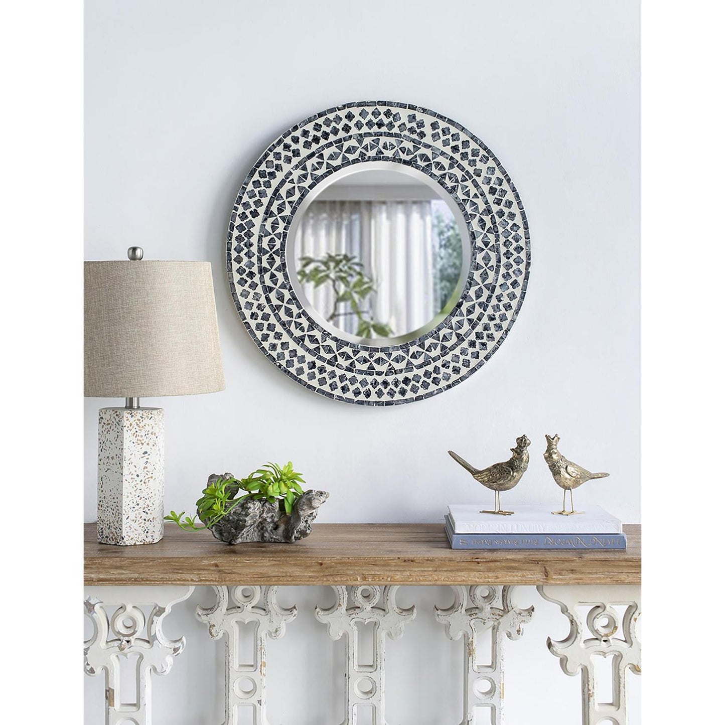 24" Black and White Round Framed Accent Mirror