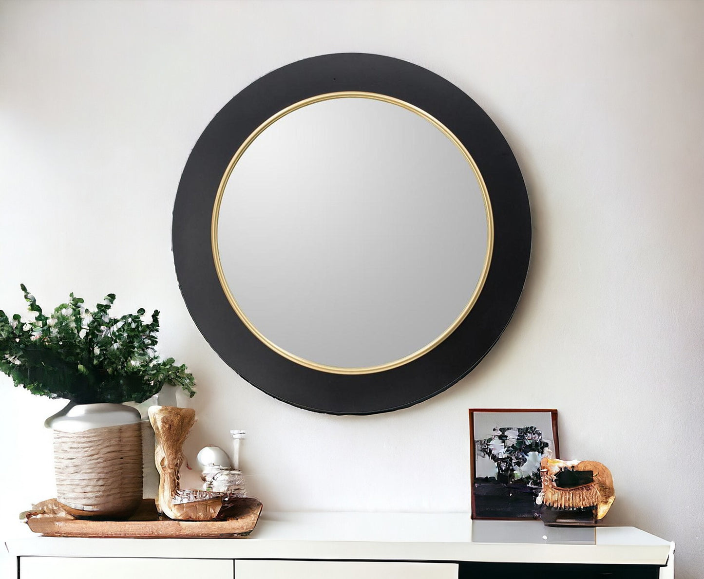 32" Black and Gold Lighted Round Framed Accent Mirror