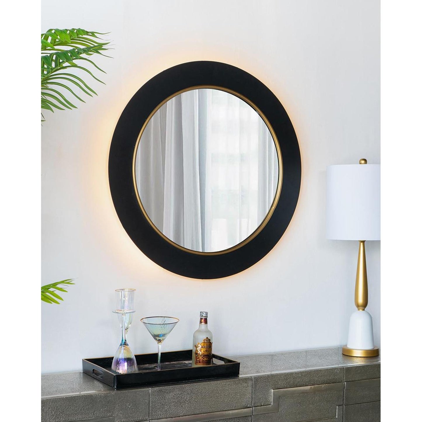 32" Black and Gold Lighted Round Framed Accent Mirror