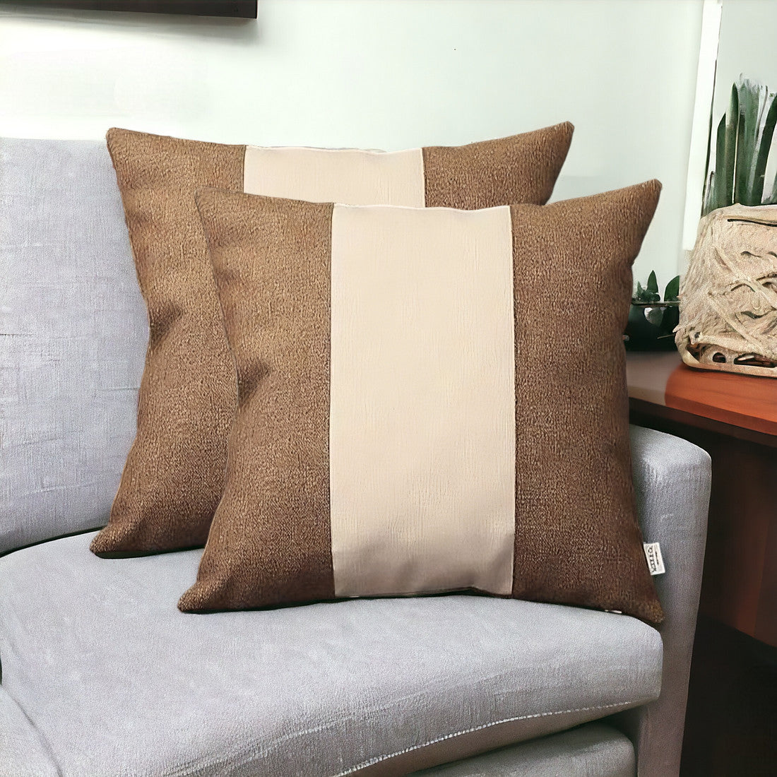 Set Of Two 18" X 18" Brown And Grey Polyester Geometric Zippered Pillow