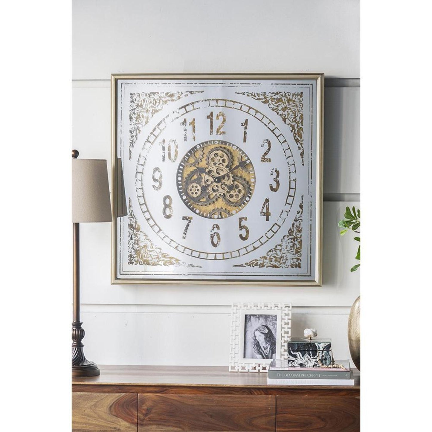 32" Square Gold and Silver Wood and Mirror Analog Exposed Gear Wall Clock