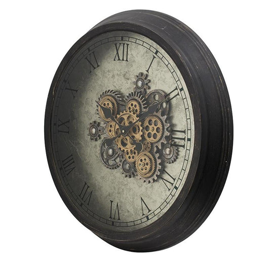 28" Circle Black and Gray Wood and Glass Analog Exposed Gear Wall Clock