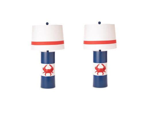 Set of Two 31" Red White and Blue Coastal Table Lamps With White Empire Shade