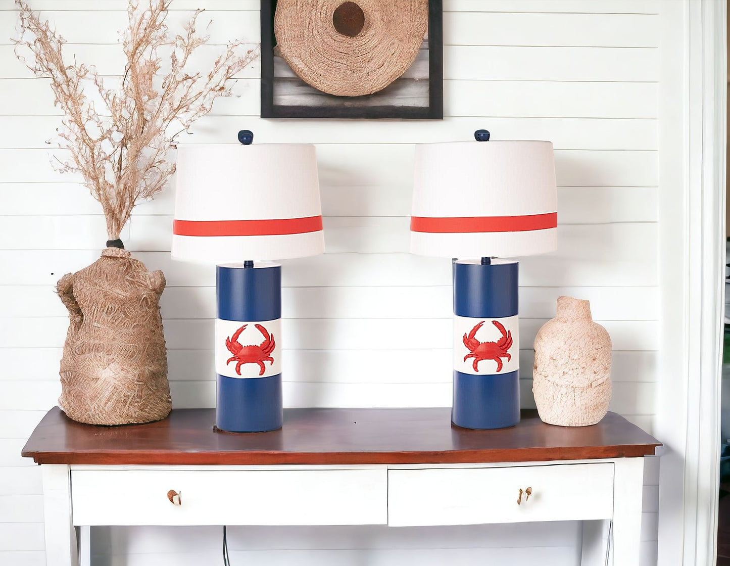 Set of Two 31" Red White and Blue Coastal Table Lamps With White Empire Shade