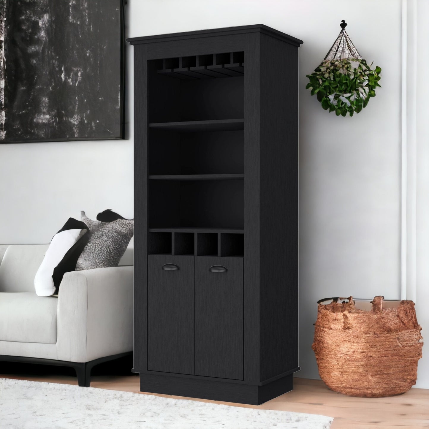 70" Black Bar Cabinet With Wine Storage