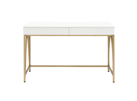 50" White and Gold Writing Desk With Two Drawers