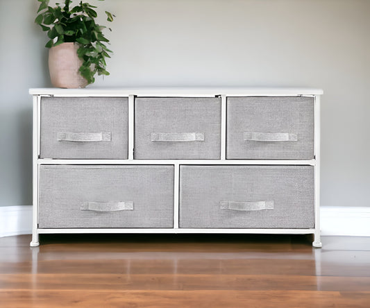 39" Gray and White Steel and Fabric Five Drawer Dresser