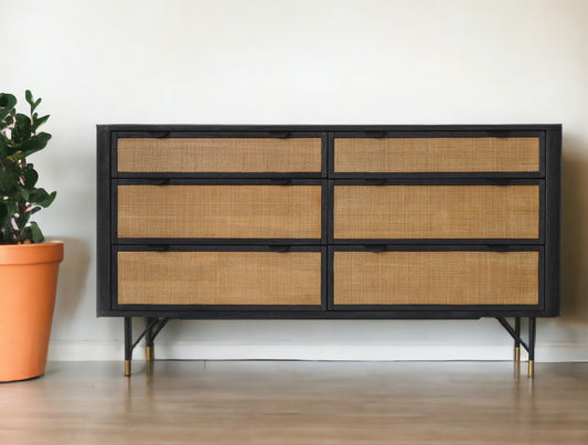 61" Natural and Black Solid Wood And Rattan Six Drawer Double Dresser