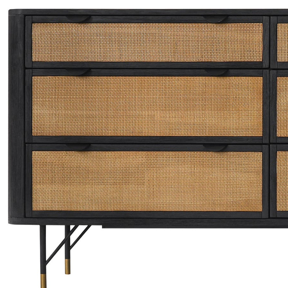 61" Natural and Black Solid Wood And Rattan Six Drawer Double Dresser