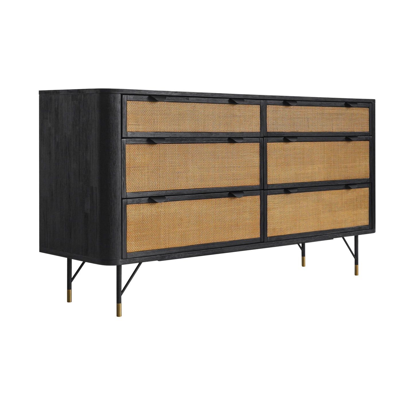 61" Natural and Black Solid Wood And Rattan Six Drawer Double Dresser