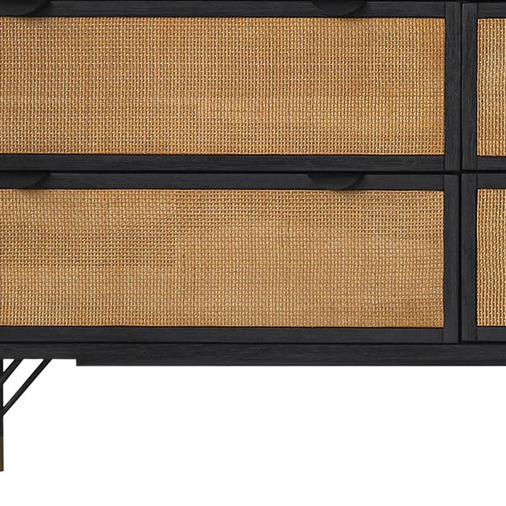 61" Natural and Black Solid Wood And Rattan Six Drawer Double Dresser