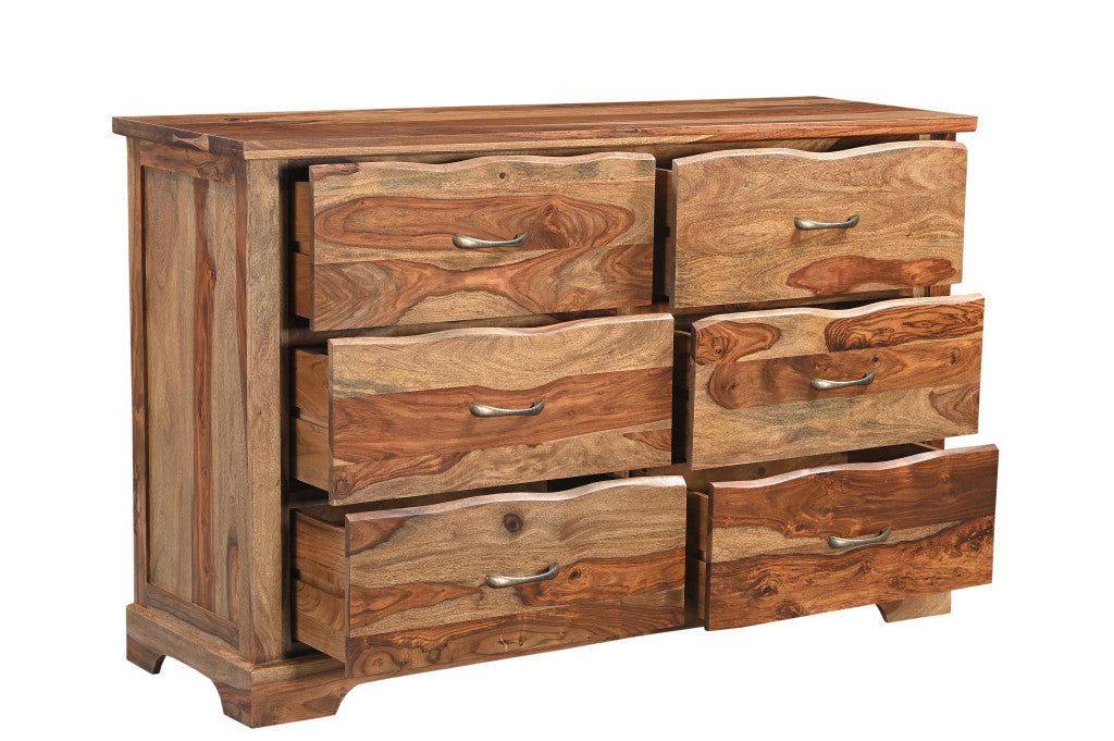 60" Brown Solid Wood Live Edge Six Drawer Double Dresser