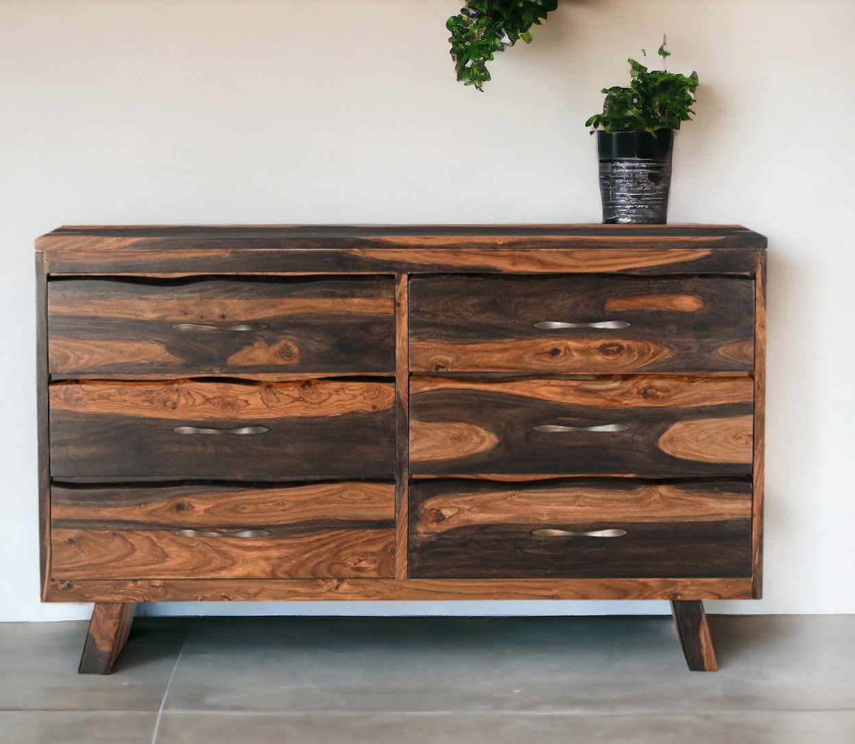 63" Dark Brown Solid Wood Live Edge Six Drawer Double Dresser