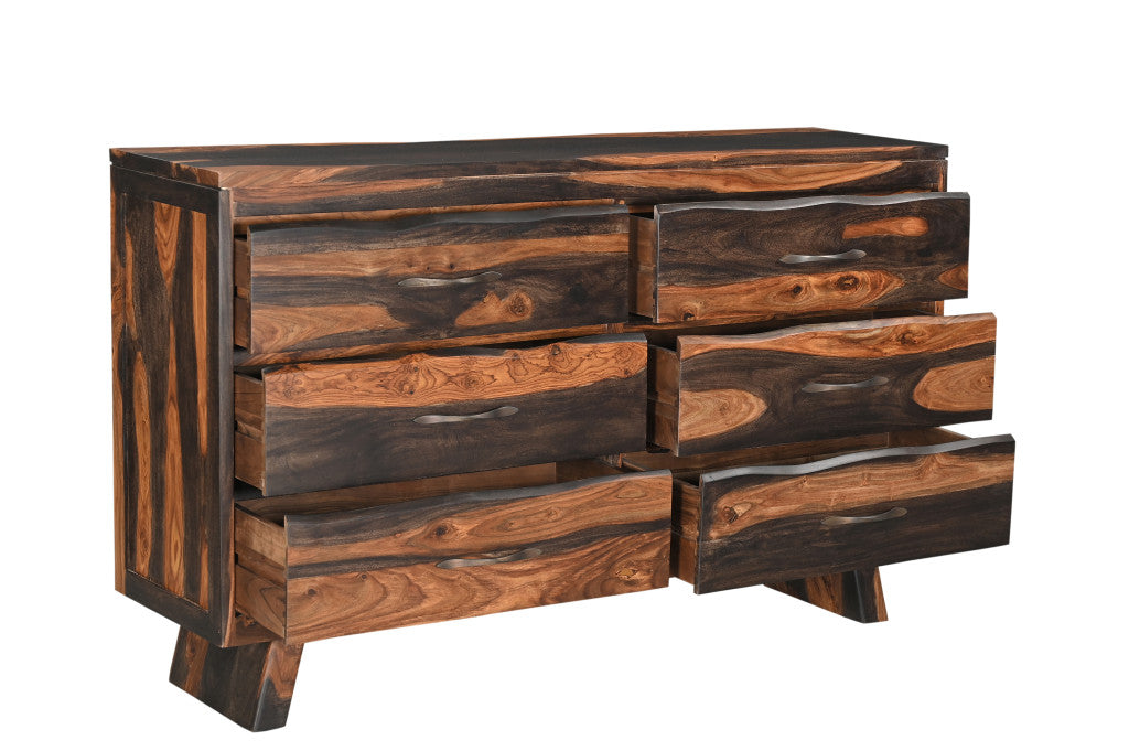 63" Dark Brown Solid Wood Live Edge Six Drawer Double Dresser