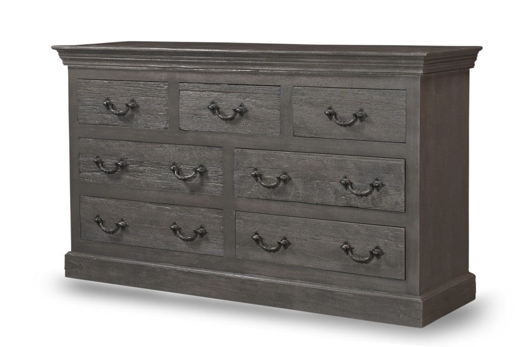 64" Gray Distressed Solid and Reclaimed Wood Seven Drawer Double Dresser