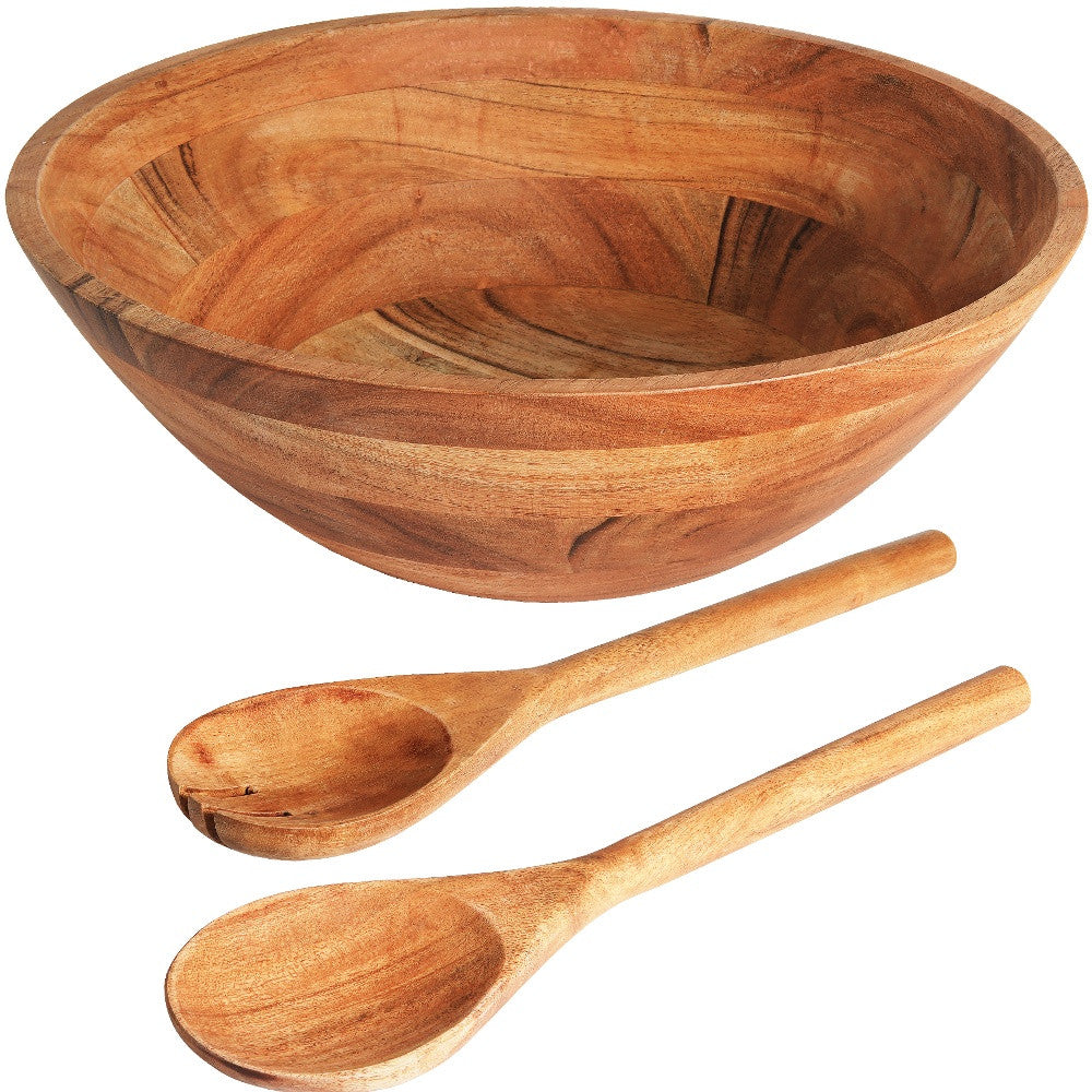 Three Piece Natural Acacia Wood Salad Bowl and Servers Set