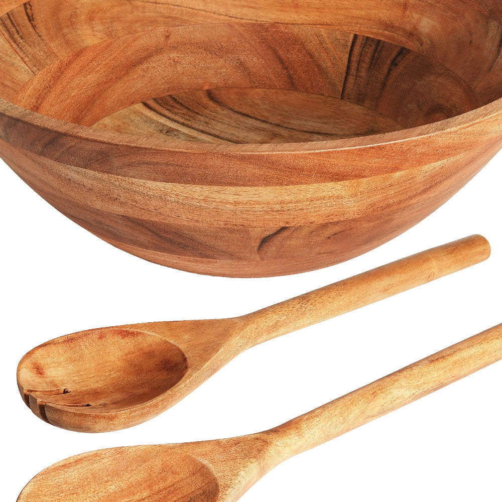 Three Piece Natural Acacia Wood Salad Bowl and Servers Set