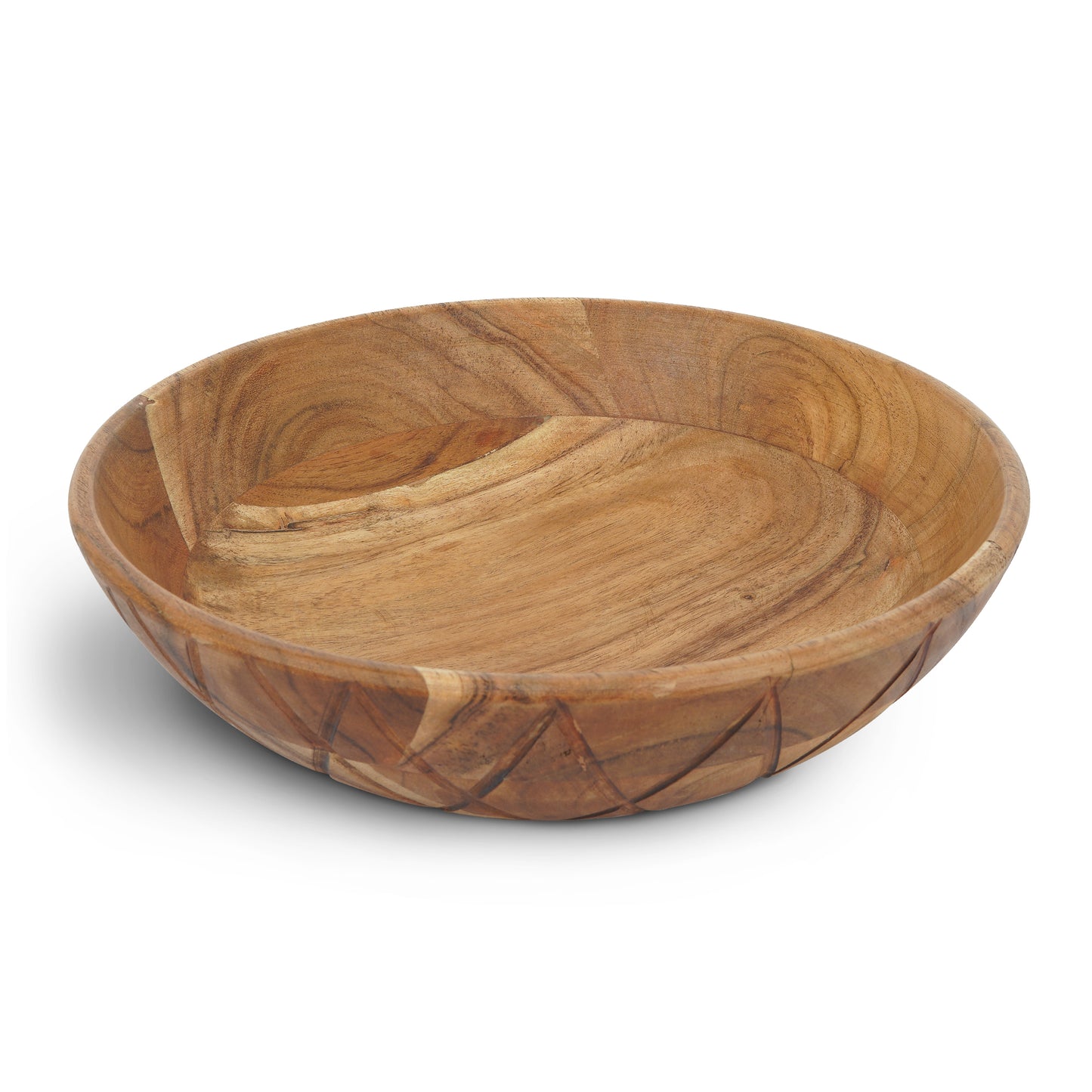 12" Natural Geo Carved Edge Wood Low Centerpiece Bowl