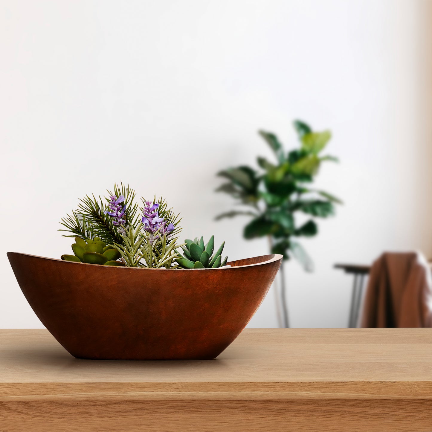 12" Brown Mod Curve Edge Wood Low Salad Bowl