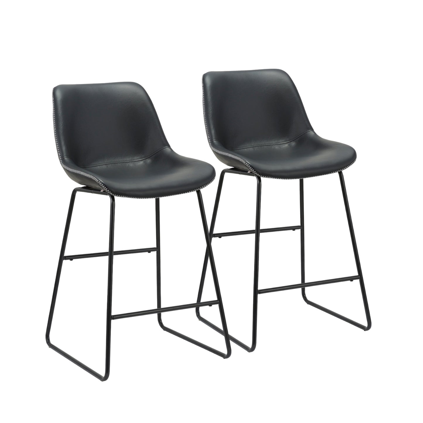 Set of Two 26" Black Faux Leather And Metal Low Back Counter Height Bar Chairs