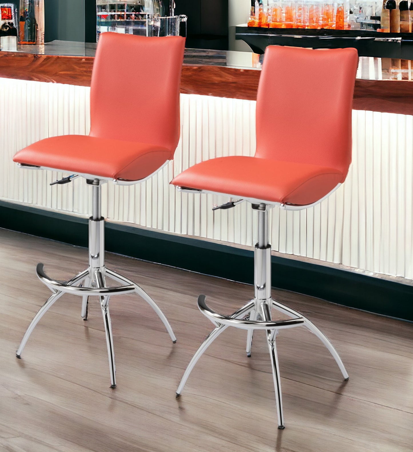 Set of Two Orange And Silver Faux Leather And Metal Low Back Adjustable Height Bar Chairs