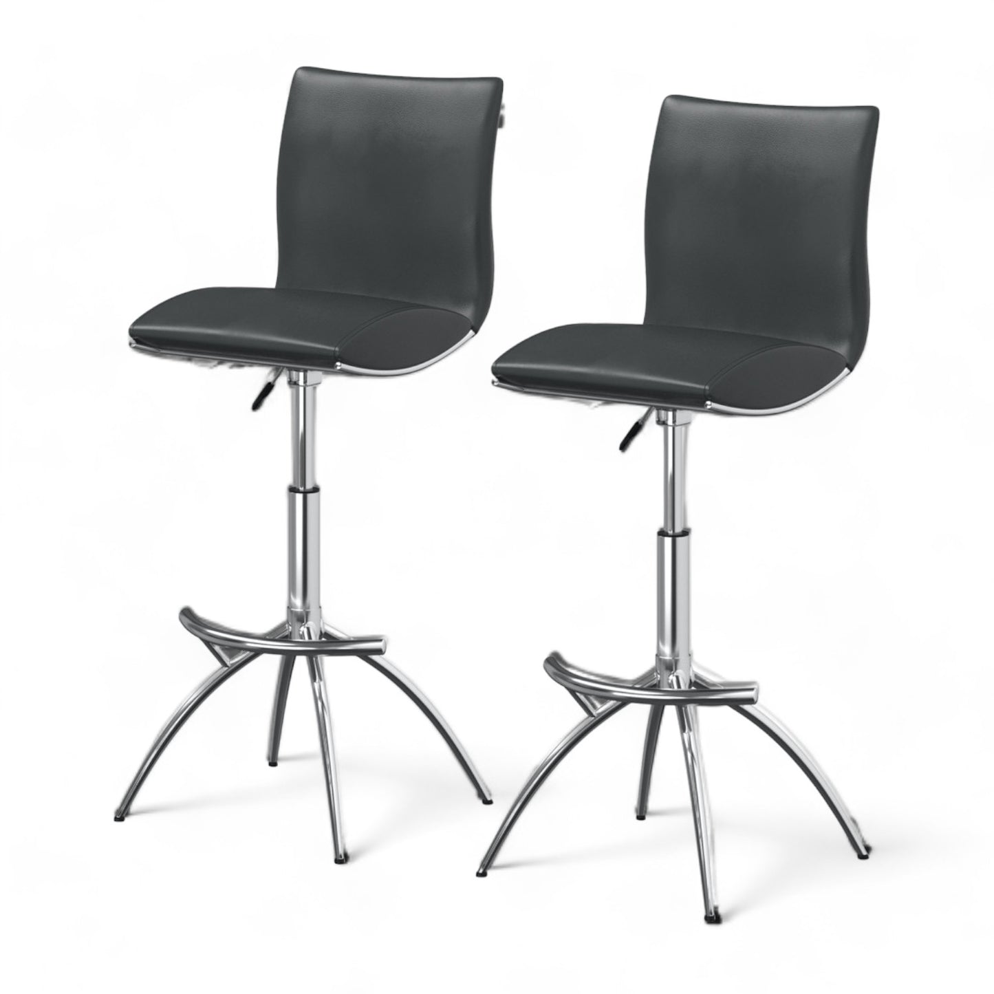 Set of Two Gray And Silver Faux Leather And Metal Low Back Adjustable Height Bar Chairs