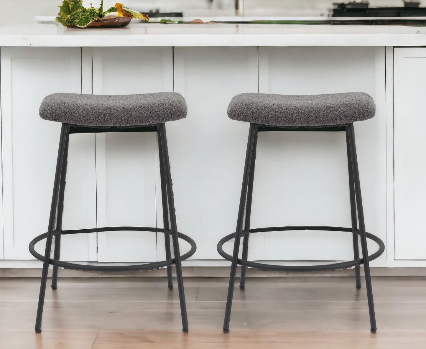 Set of Two 26" Gray And Black Faux Sherpa And Metal Backless Counter Height Bar Chairs