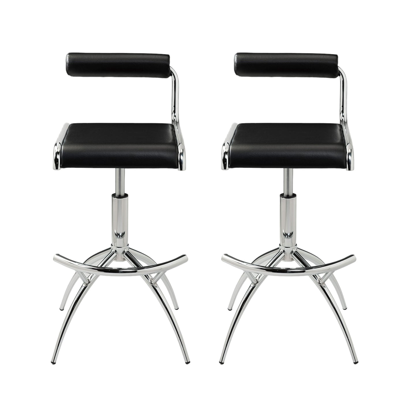 Set of Two Black And Silver Faux Leather And Metal Low Back Adjustable Height Bar Chairs