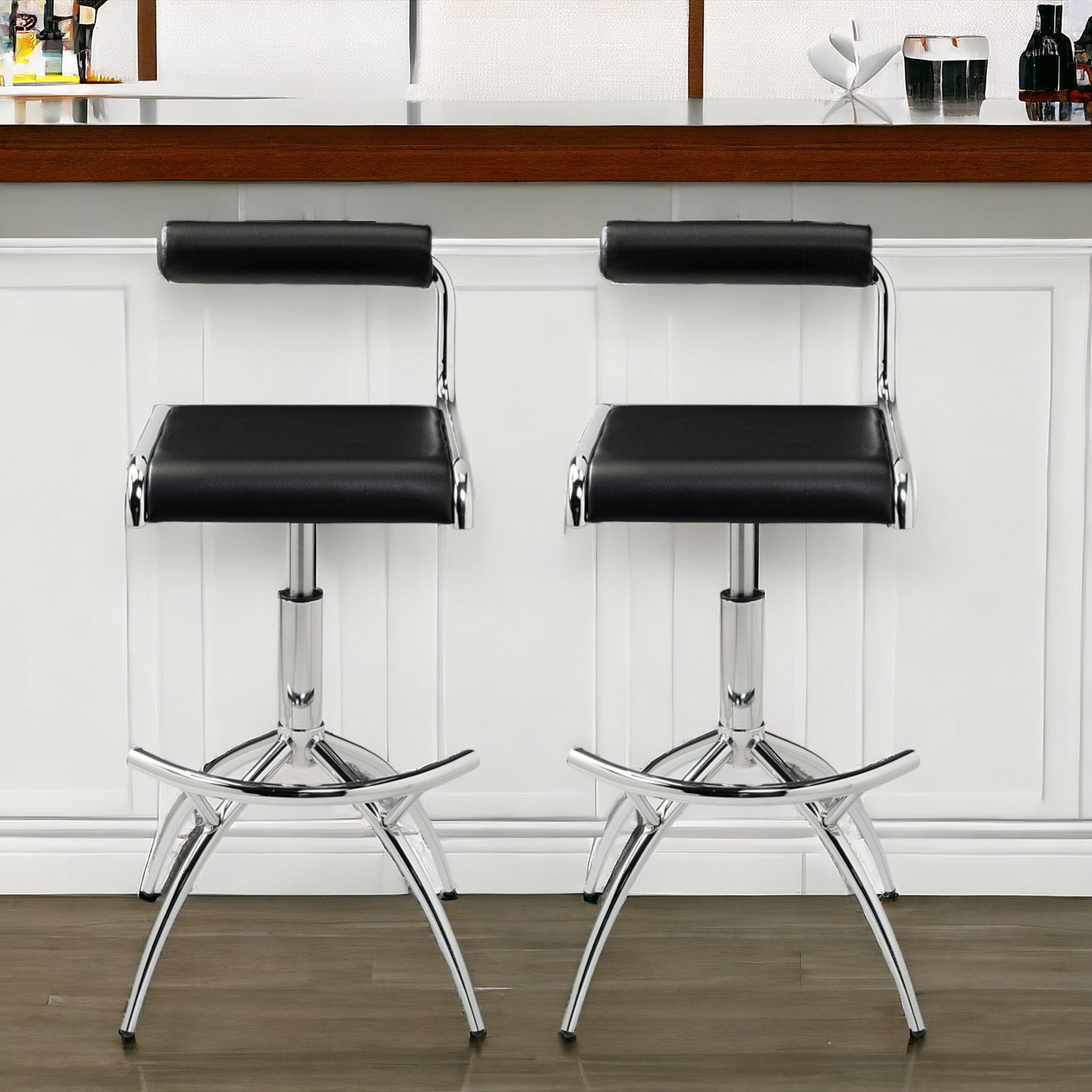 Set of Two Black And Silver Faux Leather And Metal Low Back Adjustable Height Bar Chairs