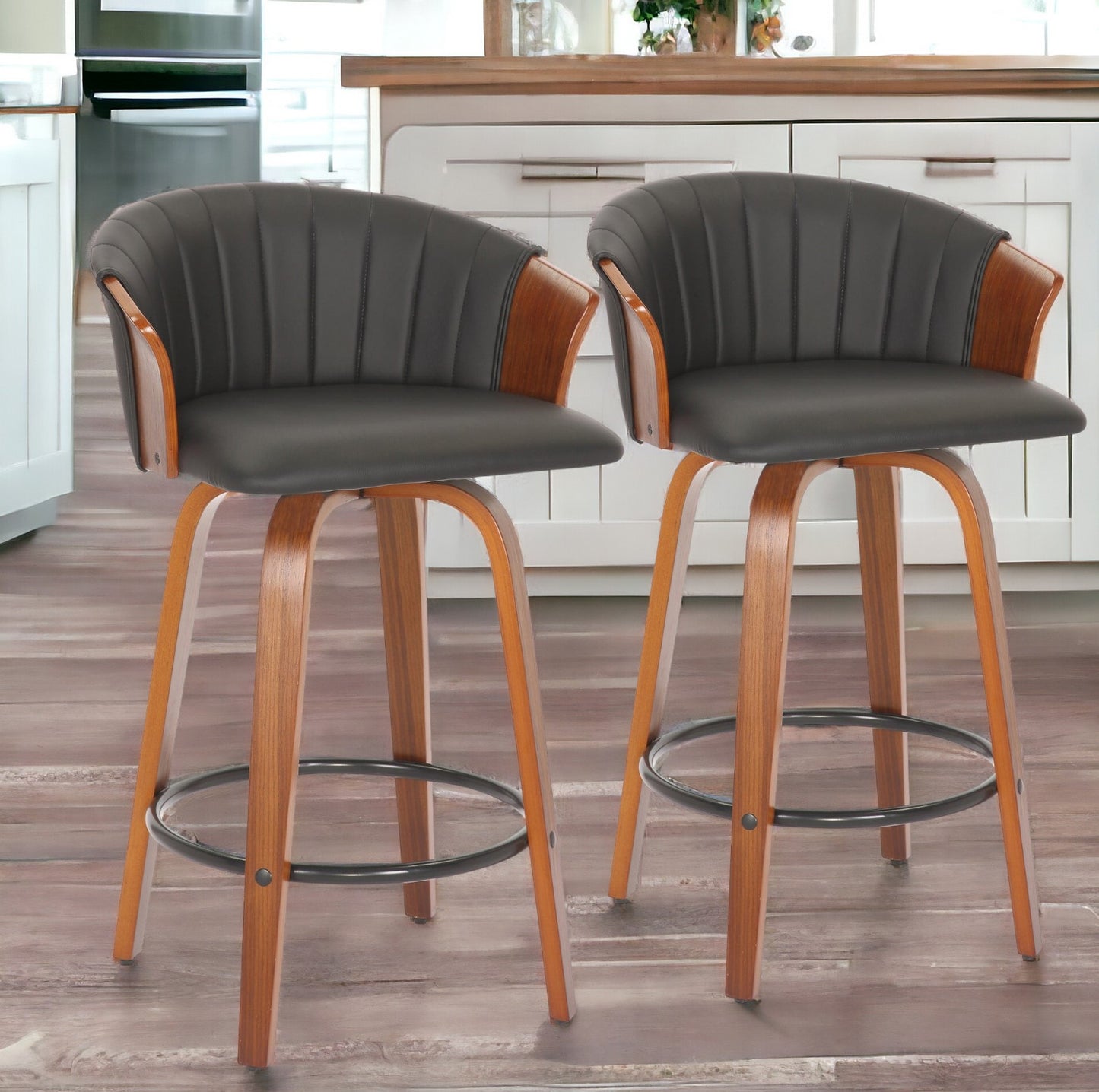 Set of Two 26" Black And Brown Faux Leather And Metal Low Back Counter Height Bar Chairs