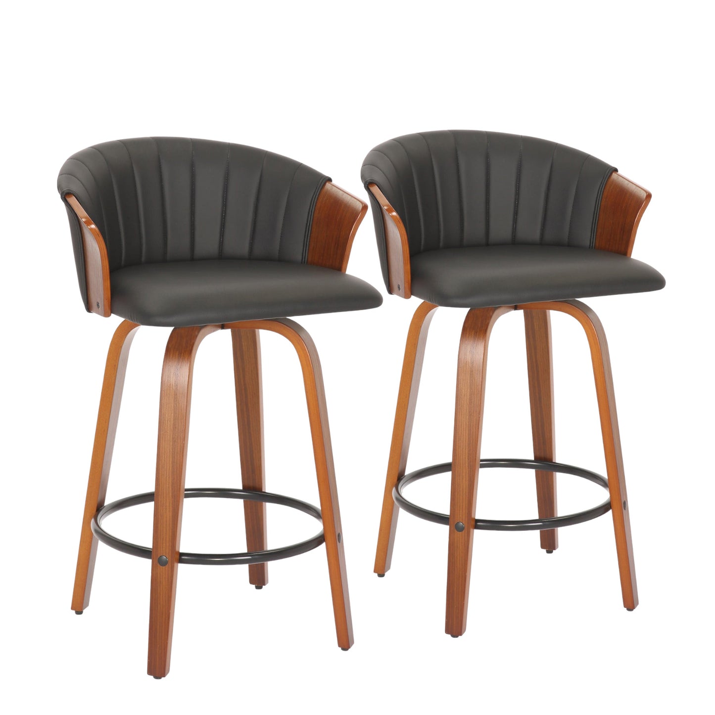 Set of Two 26" Black And Brown Faux Leather And Metal Low Back Counter Height Bar Chairs