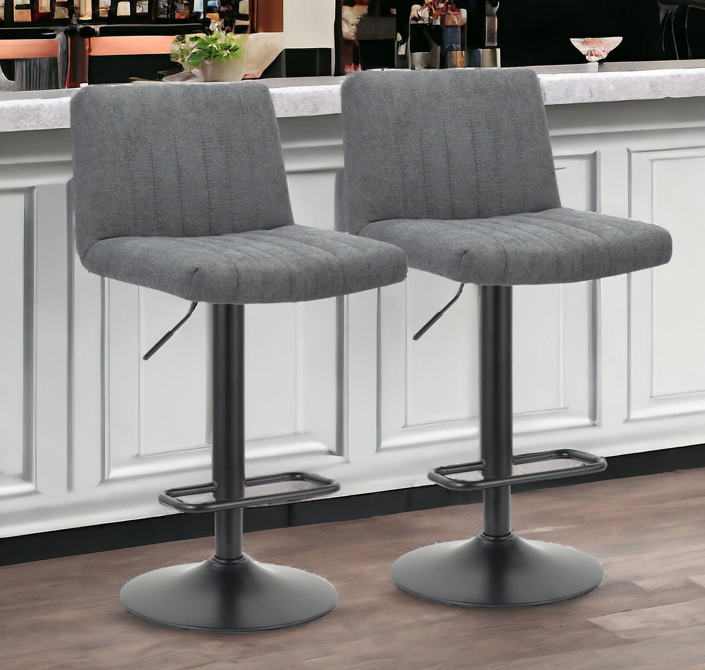 Set of Two Gray And Black Fabric And Metal Low Back Adjustable Height Bar Chairs